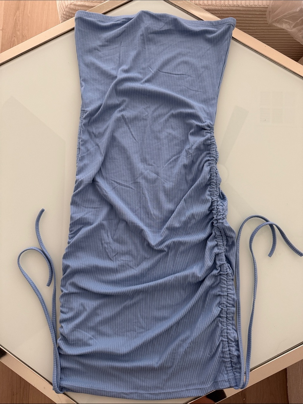 Blue Ribbed Side-Ruched Tube Dress